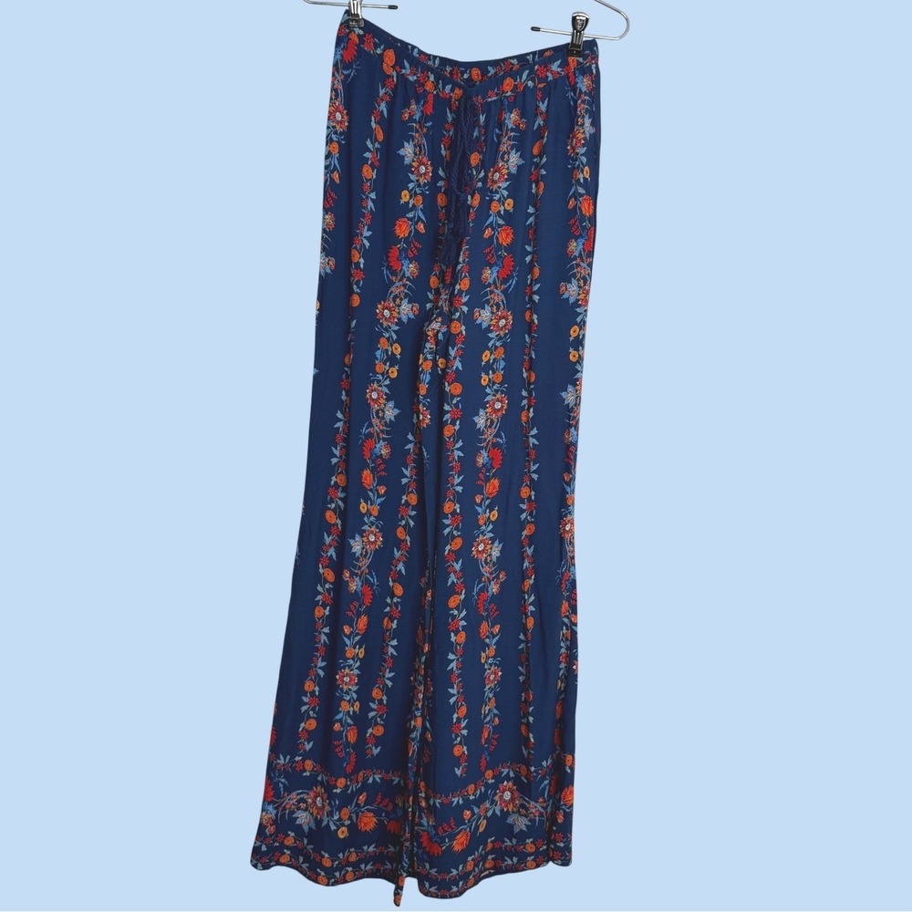 Flying Tomato Blue Floral Wide Leg Flowy Pants Boho Tassel Festival High Rise